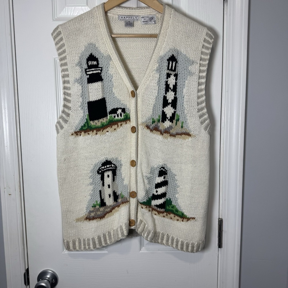 Vintage Women Raphels Knitted by Hand multicolor‎ Lighthouse print vest Medium
